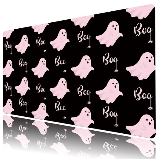 LB Funny Halloween Mouse Pad Cute Pink Ghost on Black Desk Mat for Keyboard and Mouse Desk Pad Large Gaming Mousepad Rubber Base Mouse Pad for Laptop Gaming Office Computer and Home, 31.5x15.7 inch