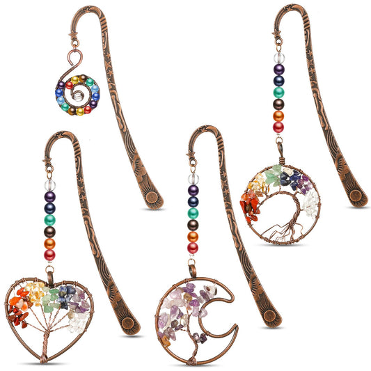 4 Pcs 7 Chakra Crystal Bookmark Antique Copper Metal Beading Healing Stone Vintage Bookmarks Tumbled Gemstones Book Markers for Student Office Birthday Present(Fresh Style)