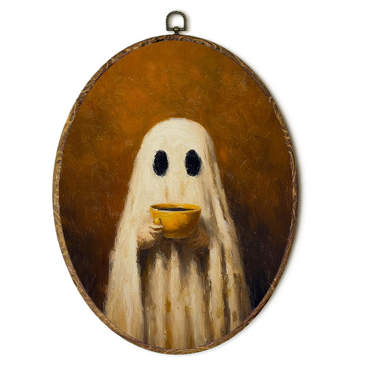 laveliabel Ghost Drinking Coffee Oval Canvas Art Wall Decor, Vintage Halloween Framed Canvas Prints, Spooky Gothic Oval Hanging Wall Decor for Home Office Bedroom Living Room, 8.5x11.5in