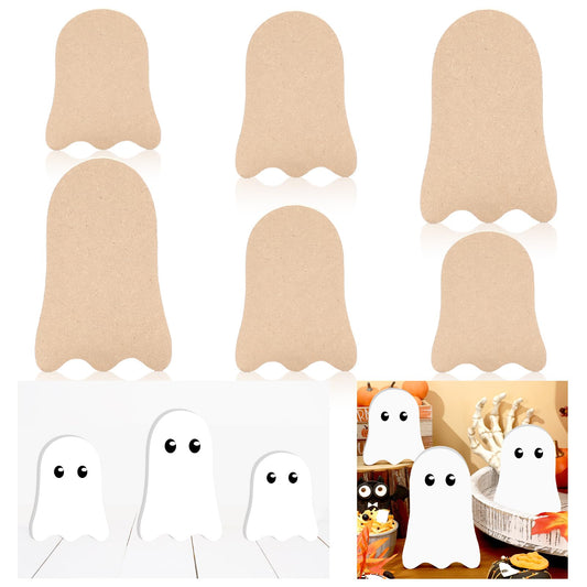 JarThenaAMCS 6Pcs Halloween Wooden Sign Cute Ghost Unfinished Ghost Shaped Table Wooden Signs for Halloween Autumn Tiered Tray Decor Home Kitchen Office DIY Craft