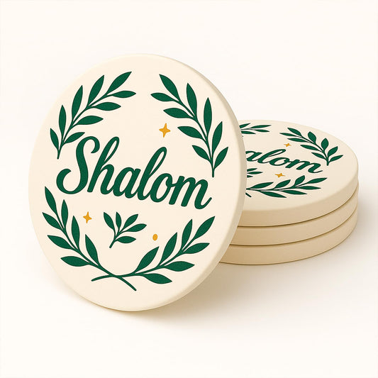 Shalom Coasters Set of 4 Ceramic Drink Coasters with Olive Branch Peace Design Absorbent Stone Coasters with Cork Base Christian & Jewish Gifts Religious Table Decor for Home Holidays