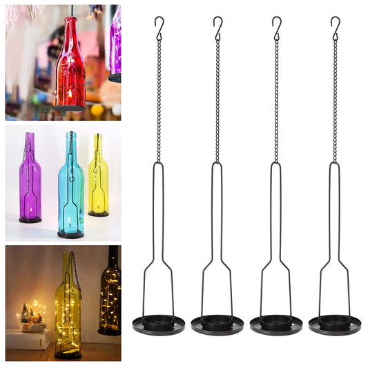 AceList 4-Pack Hanging Candle Holder for Cut Glass Bottles – Rustic Black Iron DIY Wine Bottle Lantern for Patio, Wedding, Halloween, Christmas Décor & Gift