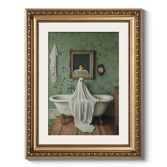 ARPEOTCY Vintage Gold Framed Wall Art Decor, 11x14 Inch Funny Ghost Bathroom Wall Art, Retro Halloween Print Artwork for Gallery, Spooky Gothic Homer Decor Aesthetic