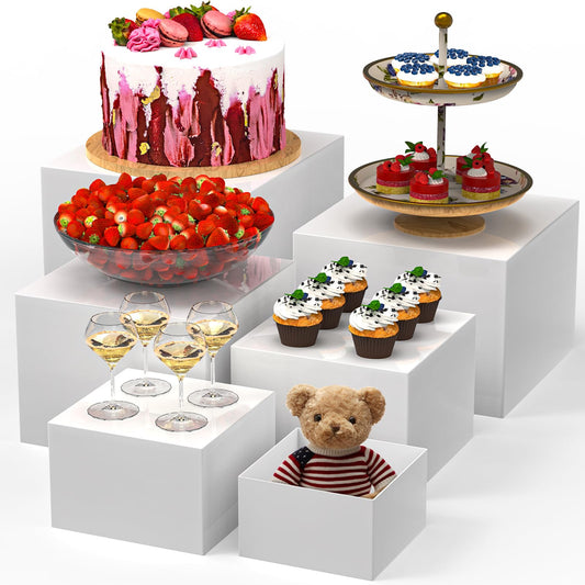 VANITURE 6 PCS Buffet Risers, Large Food Risers for Buffet Table, Display Stand Shelf for Party, Catering, Jewelry & Collectibles, White Acrylic Nesting Boxes for Food Display (10" 9" 8" 7" 6" 5")