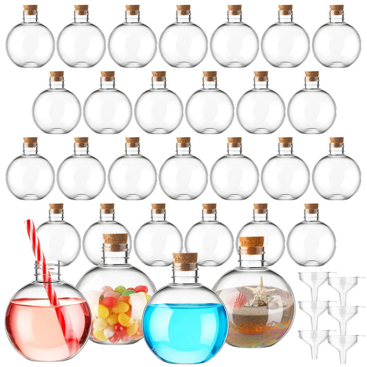 Jinei 30 Pcs 6 oz 200ml Ball Shape Plastic Sand Art Bottles Spherical Clear Plastic Potion Bottles Christmas Cocktail Ornament Balls for DIY Wedding Party Gift Crafts Decoration(Wood Color,Cork)