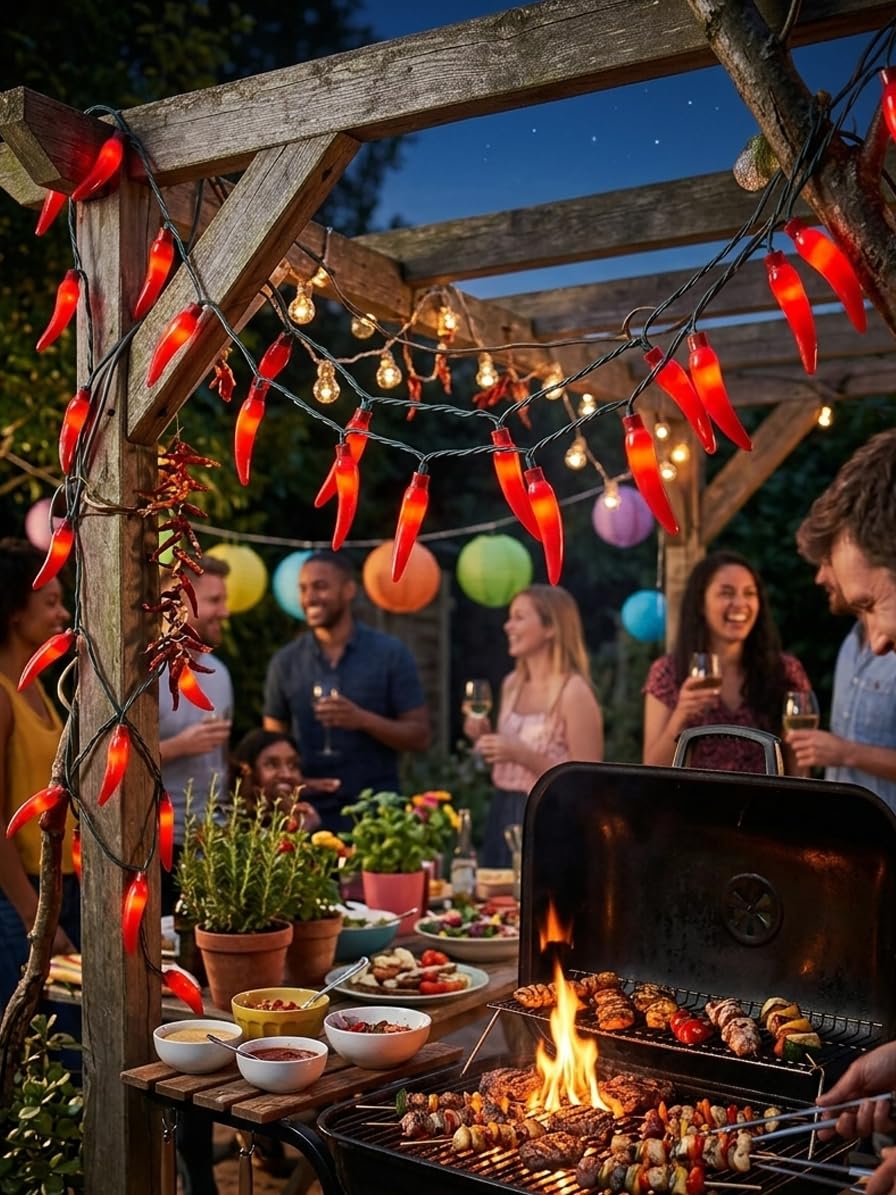 35 LED Red Chili Pepper Christmas Lights, 13.6Ft Outdoor String Lights with Warm White Bulbs, Plug in Fairy Lights for 4th of July Kitchen Patio Garden Decor, Cook Off Decorations for Cinco De Mayo