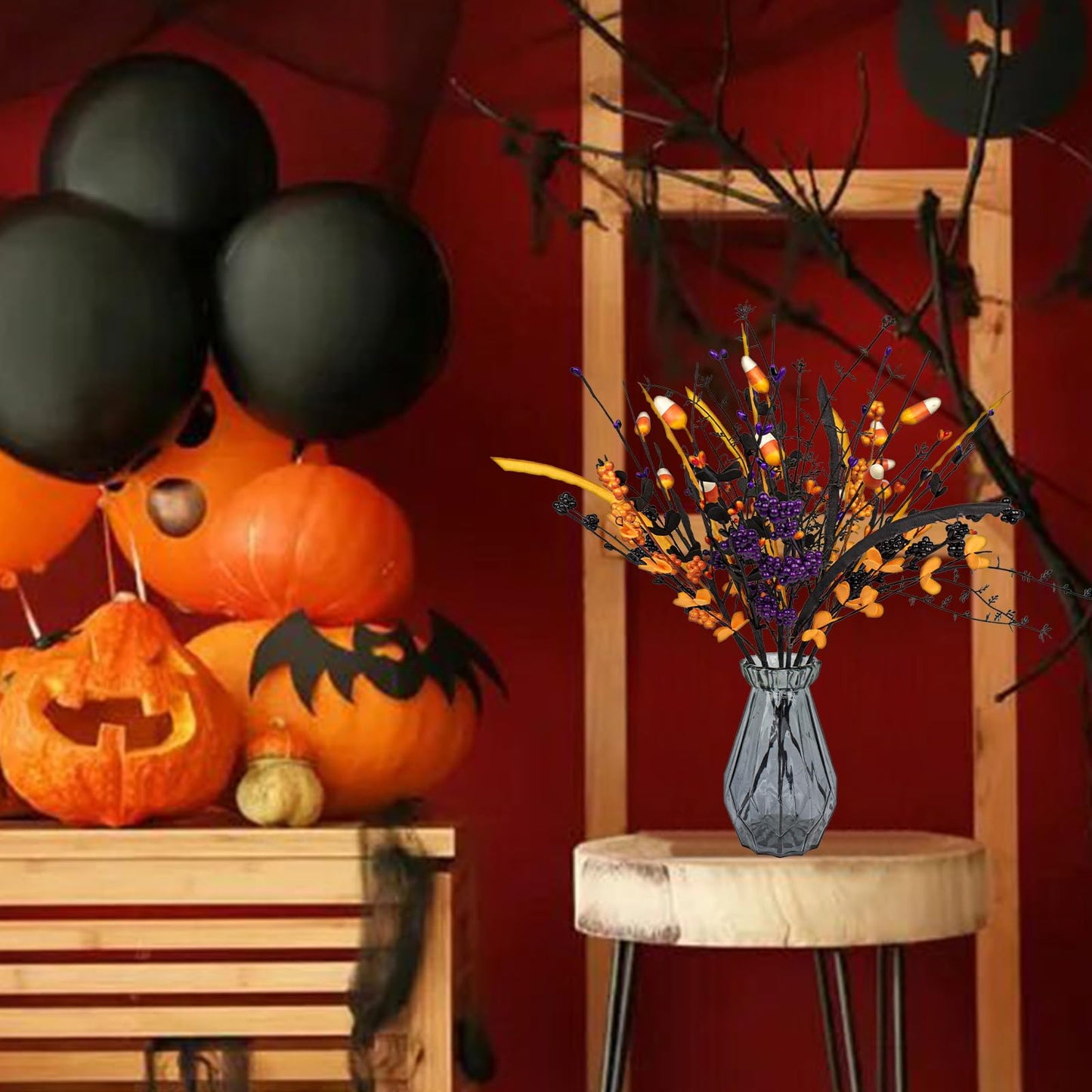 MG MagicGarden 6 Pack Artificial Halloween Floral Picks Purple Orange Black Berry Stems Halloween Tree Branches with Candy for Halloween Party Flower Arrangement Centerpieces