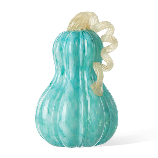 Glitzhome Hand Blown Glass Pumpkin Decor 8.5" Turquoise - Artisan Fall Harvest Thanksgiving Table Centerpiece Halloween Home Decor