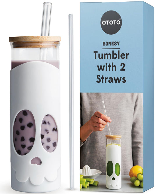 OTOTO NEW Bonesy Glass Tumbler with Straw and Lid - 16.90oz Cute Water Bottle Tumblers, Goth Accessories, Spooky Gifts, Halloween, Skull Glass Cup with Lid and Straw, Goth Gifts (White)