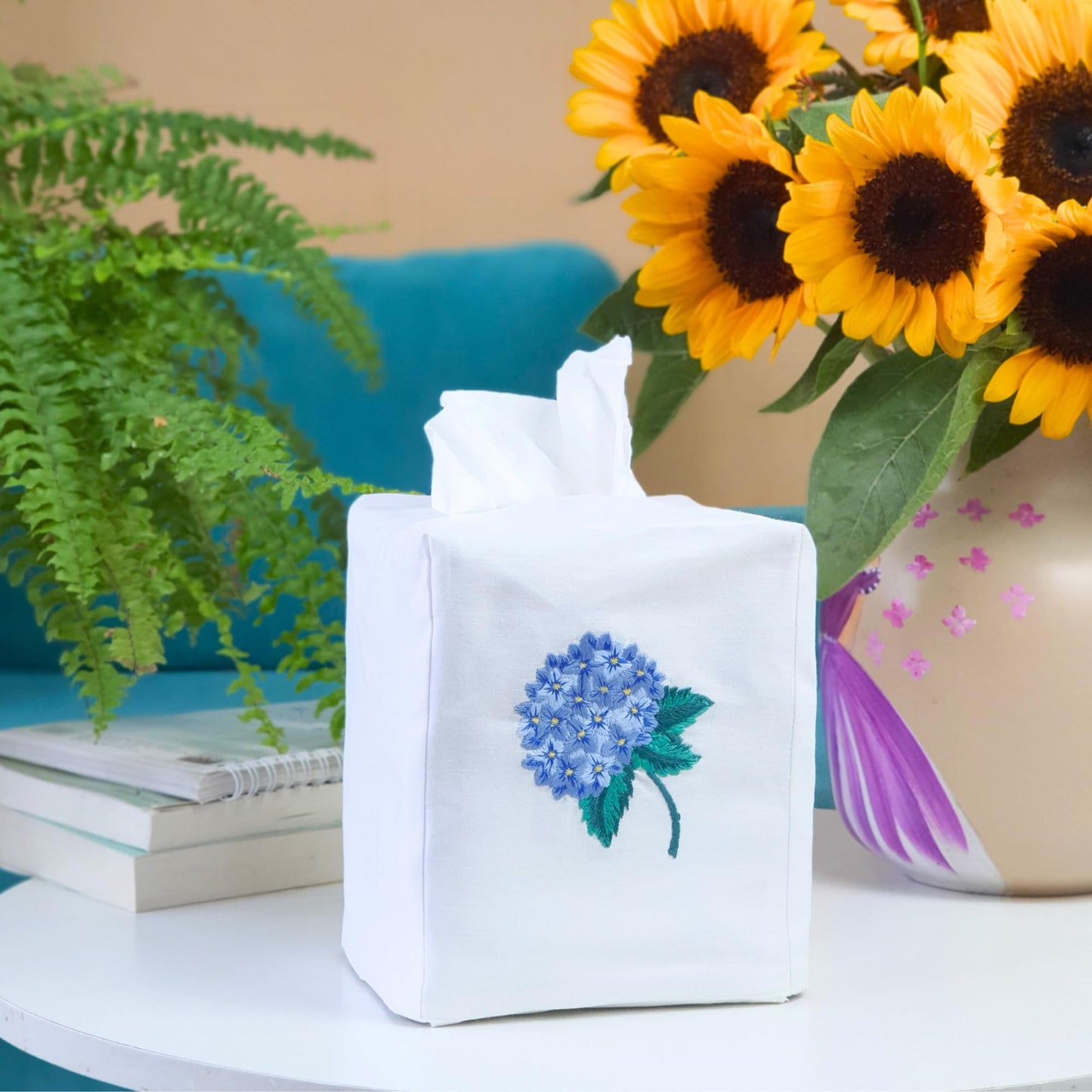 Fabric Tissue Box Cover Set of 2, Vintage Floral Embroidery Hydrangea Tissue Holder, Bouquet Wrapping Bag, Car Tissue Holder, Tissues Box Cover Square 4.5"X4.5"X5.5", White Square Tissue Box Cover