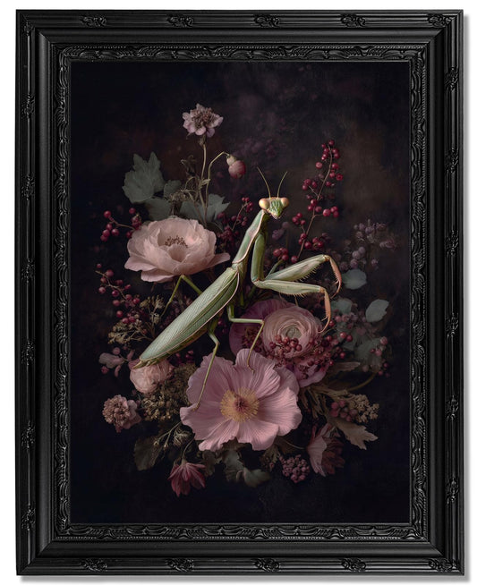 Dark Gothic Floral Mantis Framed Wall Art, Vintage Moody Botanical Canvas Print with Ornate Black Carved Frame, Witchy Dark Academia Wall Decor for Bedroom Living Room Halloween