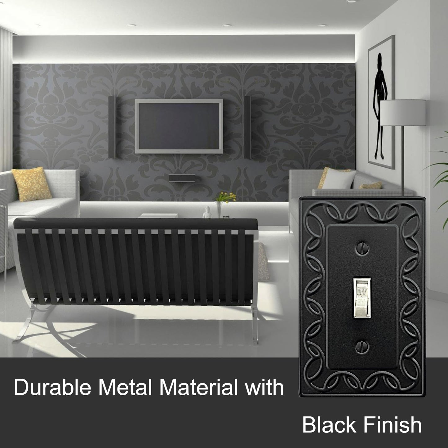 OKAWYC Single Duplex Outlet Cover Plate, 4-Pack Black NovaBloom Metal Wall Plate 1 Gang, Light Switch Cover, for Receptacle Light Switch, Switch Cover Decorative Wallplate, Durable