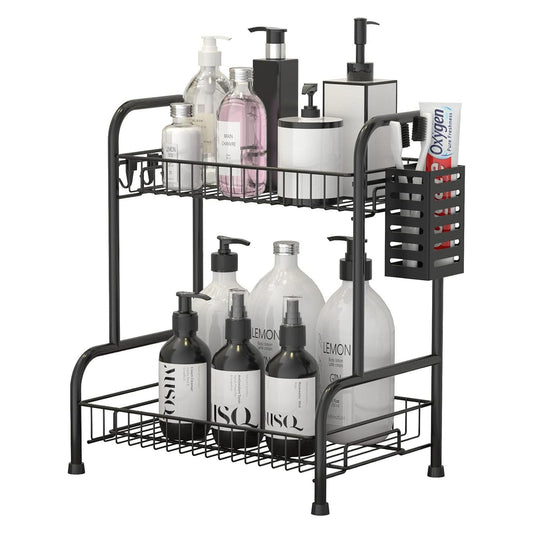 Bathroom Countertop Organizer With Toiletries Basket, 2 Tier Bathroom Counter Storage Rack with Adjustable Feetpad, No-Screw Caddy Stand for Vanity, Sturdy Metal Wire Black, Medium 12.8''L x 7.2''W