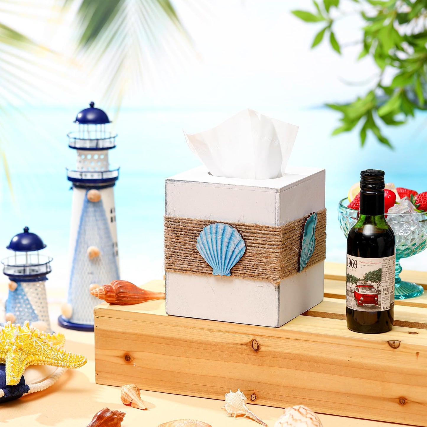 Threehoney Wood Tissue Box Cover Square Beach Farmhouse Bathroom Accessories Conch Starfish White Tissue Box Holder with Slide Out Bottom Rustic Ocean Room Decor Coastal Napkin Holder