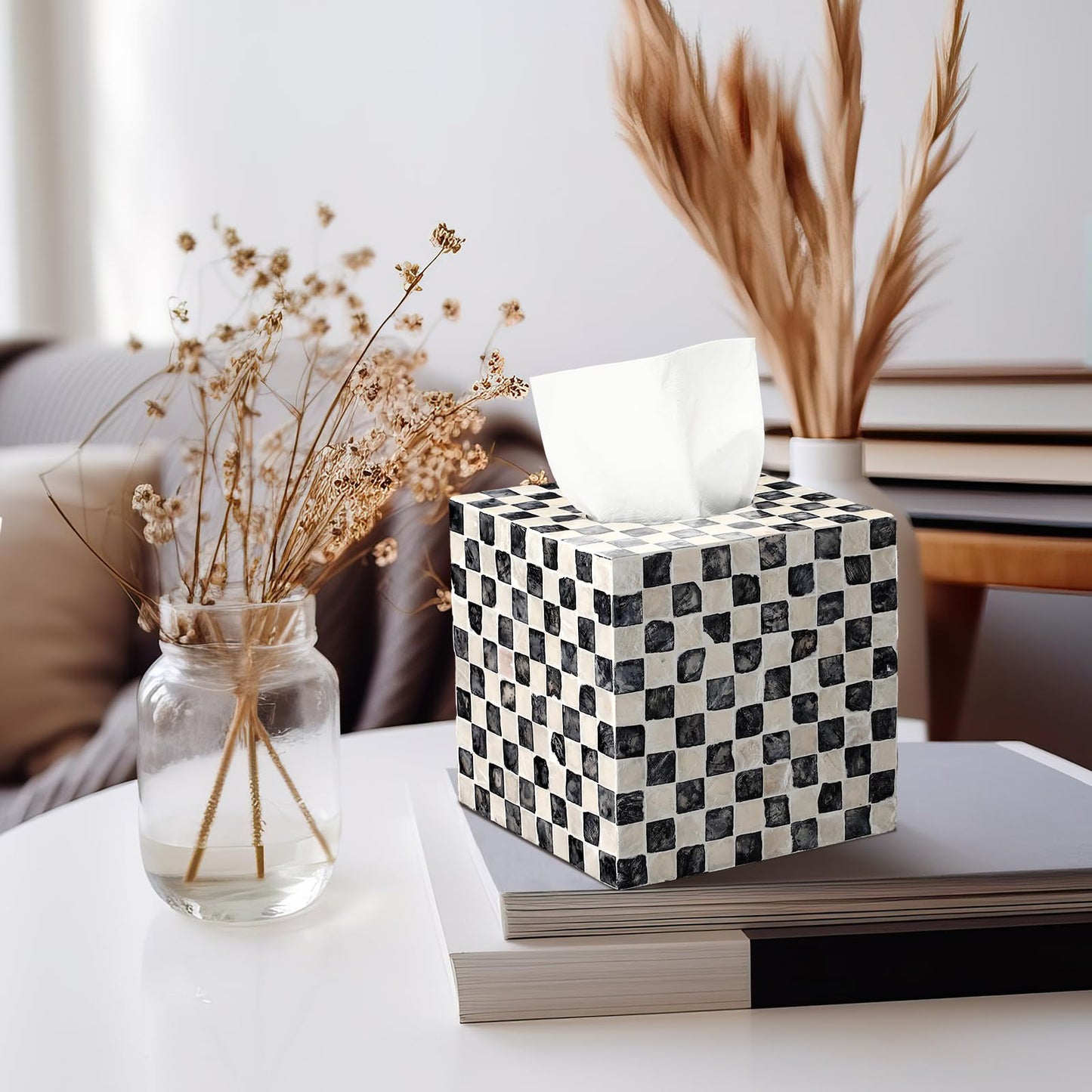 Reallnaive 5.9 Inch Cube Mother of Pearl Tissue Box Cover Ceramic Decorative Tissue Box Holder, Square Napkin Holder Rustic Napkin Dispenser Organizer for Table Bathroom Office(Black White Checkered)