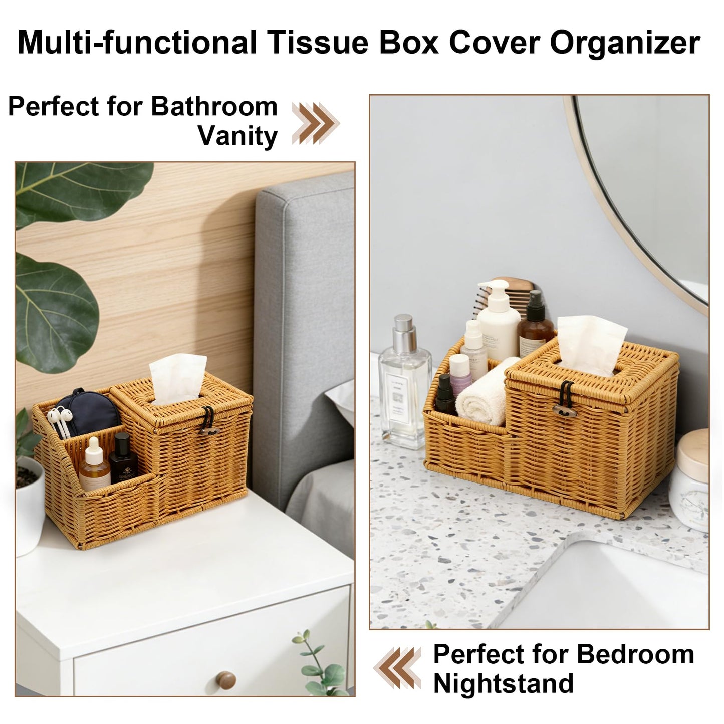 Square Tissue Box Cover with Storage, Multifunction Cube Tissue Box Holder, Farmhouse Wicker Remote Control Nightstand Organizer Caddy for Bathroom, Home, Office Decor, Kitchen Countertop