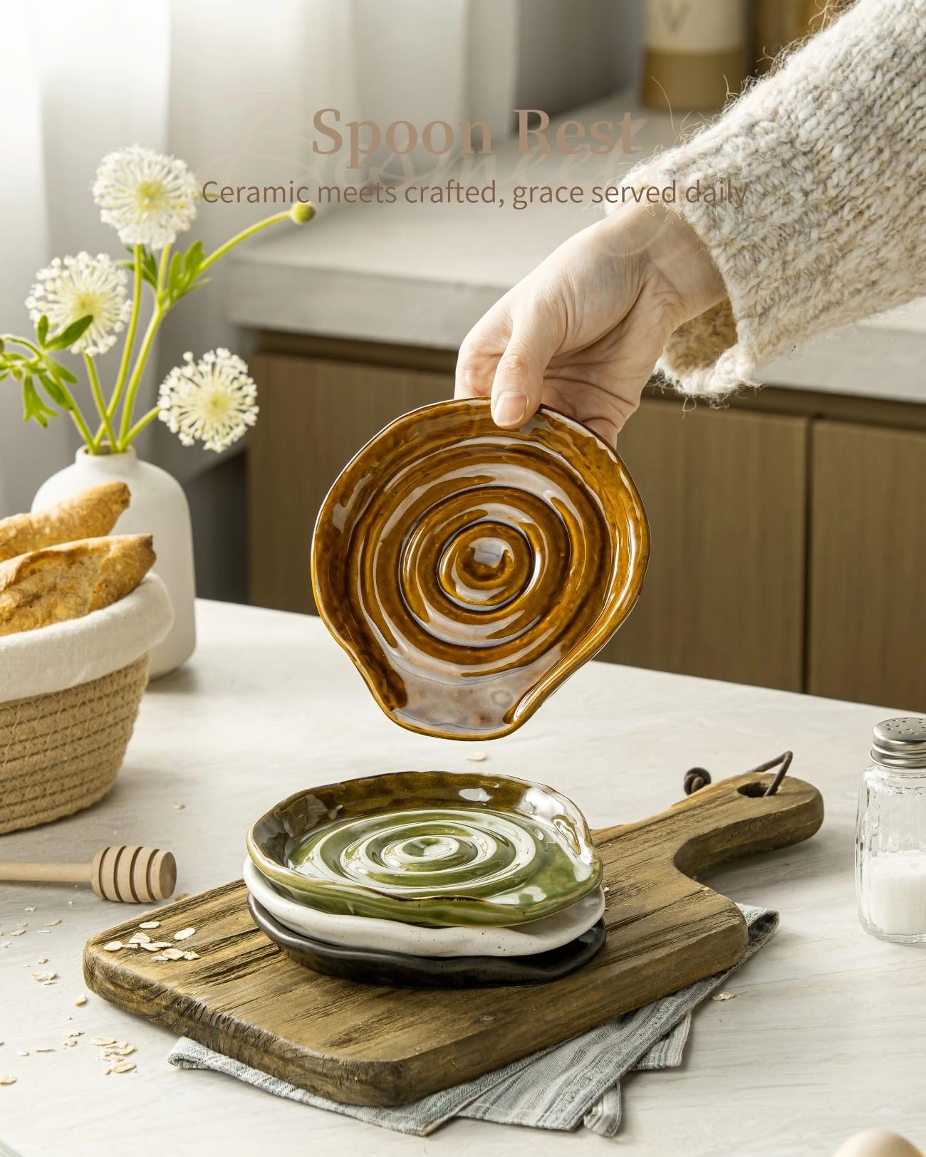 Besmeety Ceramic Spoon Rest for Stove Top, Spoon Holder for Kitchen Counter, Spatula Rest, Farmhouse Utensil Holder (Antique Copper)
