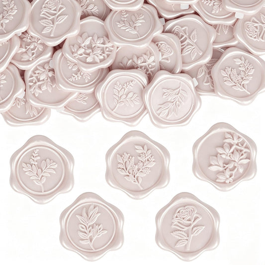 Pollize 50PCS Champagne Wax Seal Stickers 5 in 1, Wedding Envelope Seal Stickers, Self-Adhesive 3D Leaf Design Wax Seals for Invitation, Gift Wrapping, Graduation Party (Leaf Styles)