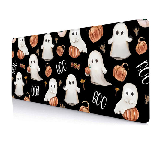 HUOCAIREN Boo Happy Halloween Large Mouse Pad, Cute Ghosts Black Desk Pad, Ripe Pumpkins Desk Mat, Computer Gaming Mouse Pad, Non-Slip Mousepad Playmat with Stitched Edges for Gamer Home & Office