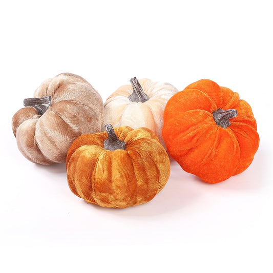 Coferset 4pcs Velvet Pumpkins Decor Set, Artificial Fall Pumpkin Decor for Halloween Thanksgiving Harvest Table Centerpieces(Orange Gold Coffee Beige)