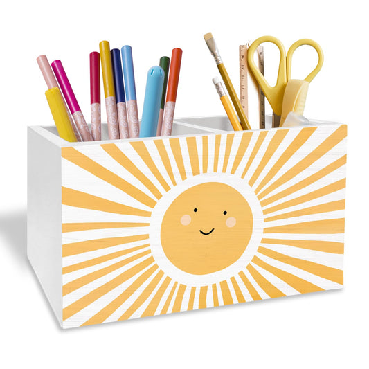 METNBASYY Boho Sunshine Pen Holder for Desk, Boho Classroom Decor Pencil Organizer, Cute Orange Yellow Sun Wooden Box Sign Desk Decor for Kids Room Nursery Playroom Classroom Decoration