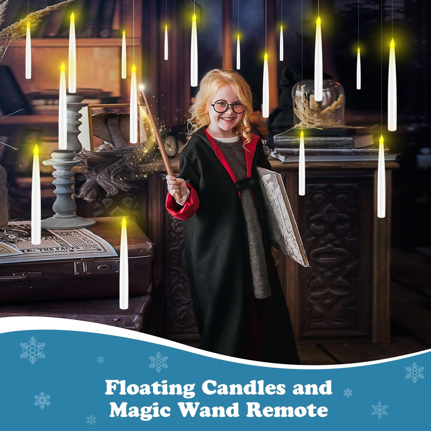 Halloween Decorations, Floating Candles with Wand, Magic Hanging Candles Flickering Warm Light Flameless LED Taper Candle with Wand Remote, Battery Operated Window Candles for Holiday Decor (12 Pack)