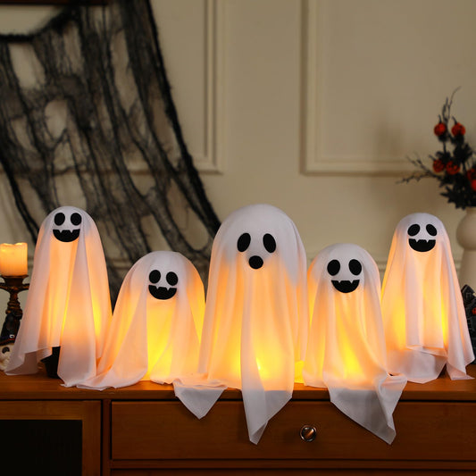 WinnerWhy Set of 5 Halloween Ghost Decoration 14" 11" 9" Ghosts Table Centerpieces with LED Candles with Metal Stand Spooky Halloween Tabletop Crafts for Party Indoor Home Room Kitchen Office, 3 Sizes
