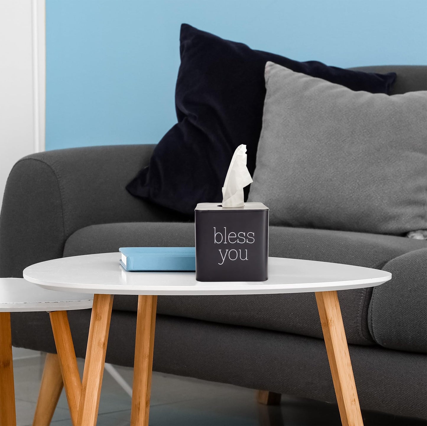 AuldHome Design Square Tissue Box Cover (Black); Modern Farmhouse Enamelware Tissue Holder