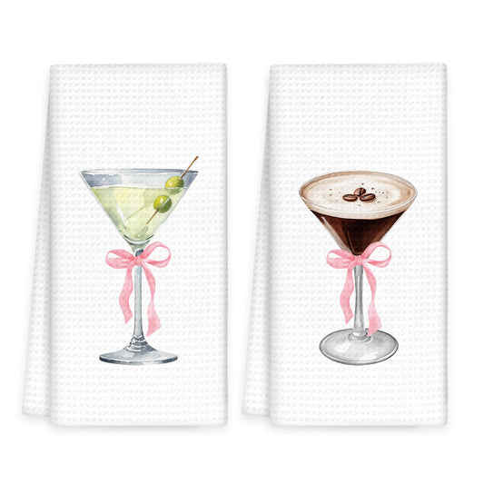 OINDADE Martini Decor Kitchen Towels Set of 2, Gifts for Martini Lovers Hand Towels, Pink Bow EspressoMartini Dish Tea Towel for Kitchen Home Bar, Coquette EspressoMartini Bar Cart Decor, 16x24In