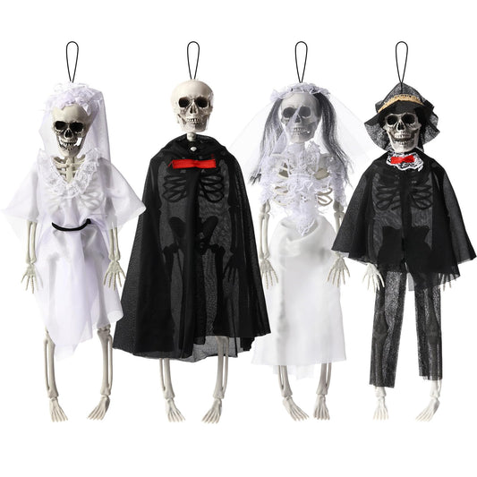 Poen 4 Pack 16" Halloween Hanging Skeleton Decorations Small Full Body Posable Skeletons with Movable Joints Plastic Mini Spooky Decor for Halloween Party Haunted House Lawn Graveyard Props(Wedding)