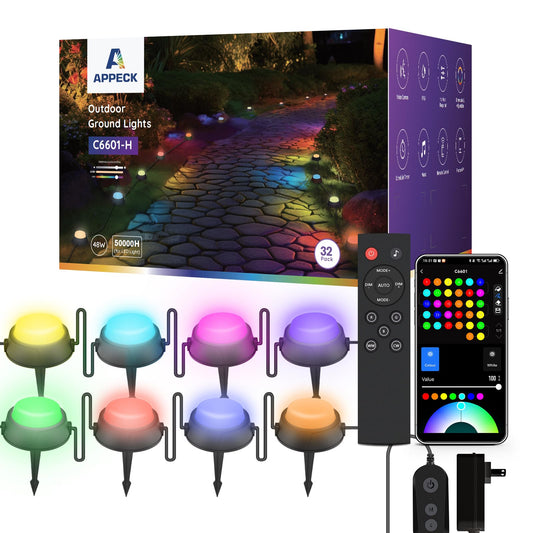 APPECK Outdoor Ground Lights 32 Pack, 100FT RGBW Color Changing Pathway Lights Wired, 2200K Warm White Smart Landscape Lighting, for Garden Yard Lawn Path Holiday Party Decor, with App/Voice Control