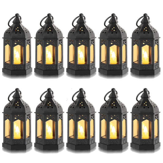 Mini Lantern with Flickering LED Candles Set of 10, Hewory Black Vintage Decorative Hanging Candle Lanterns for Halloween, Christmas, Wedding Decorations, Party, Table Centerpiece, Battery Included