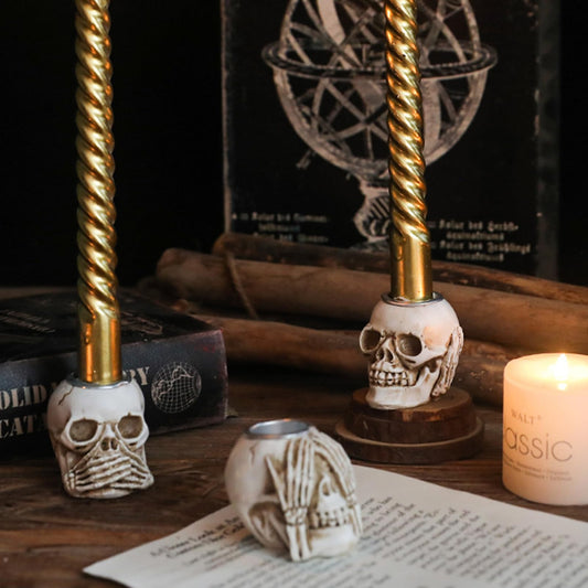 3 Pcs Halloween Skull Candle Holder,Gothic Mini Resin Decor,No Look Listen Speak Evil Design for Table Centerpieces Fireplace Home Bar Spooky Dinner Party