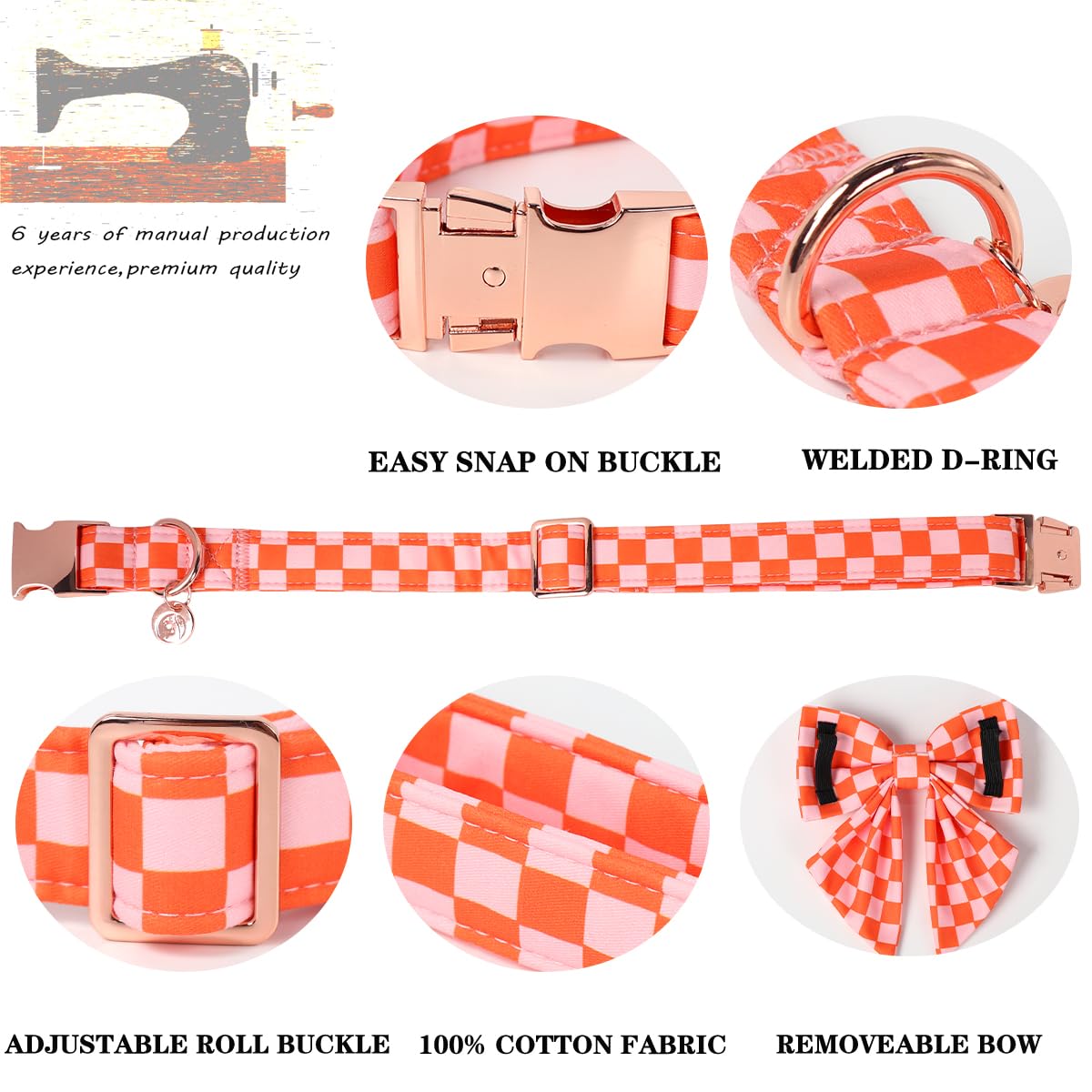 DOGWONG Orange Pink Plaid Dog Collar with Bow - Adjustable and Comfortable Autumn Dog Collar Fall Necklace for Large Medium Small Pet,M