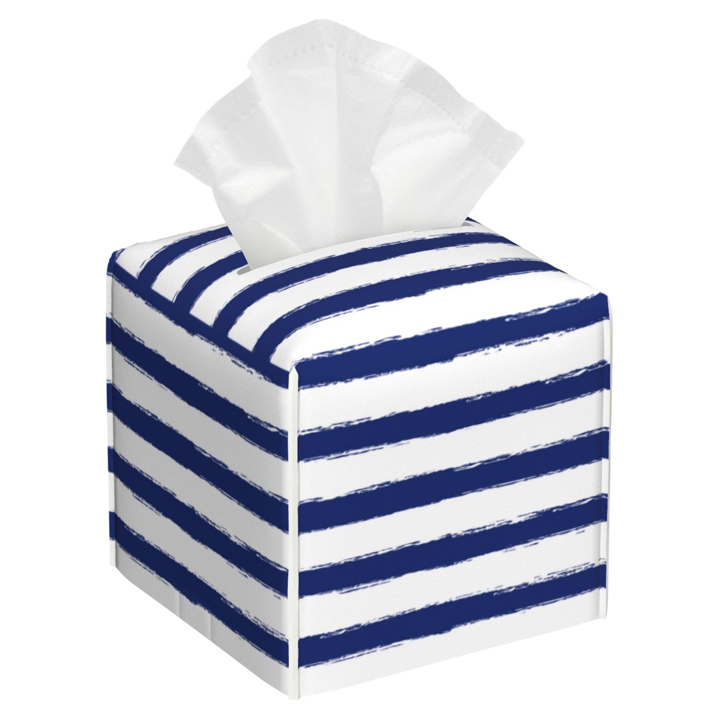 Navy Blue Stripes Tissue Box Cover,Color Horizontal Striped Waterproof Leather Square Tissue Box Cover Case Facial Paper Organizer Dispenser Box Holder for Home Office Bathroom Vanity Countertop