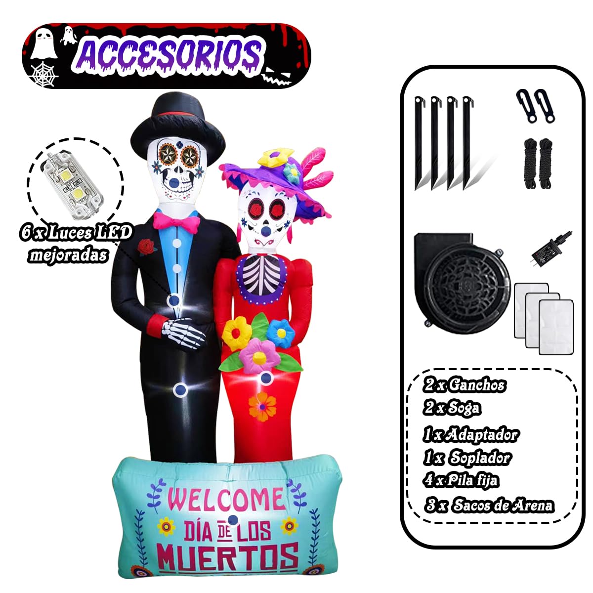 Dia De Los Muertos Decoration, 6 FT Halloween Inflatables Décor Day of The Dead Spooky Sugar Skull Couple, Blow Up Yard Decorations with Built-in LED for Outdoor Garden, Lawn