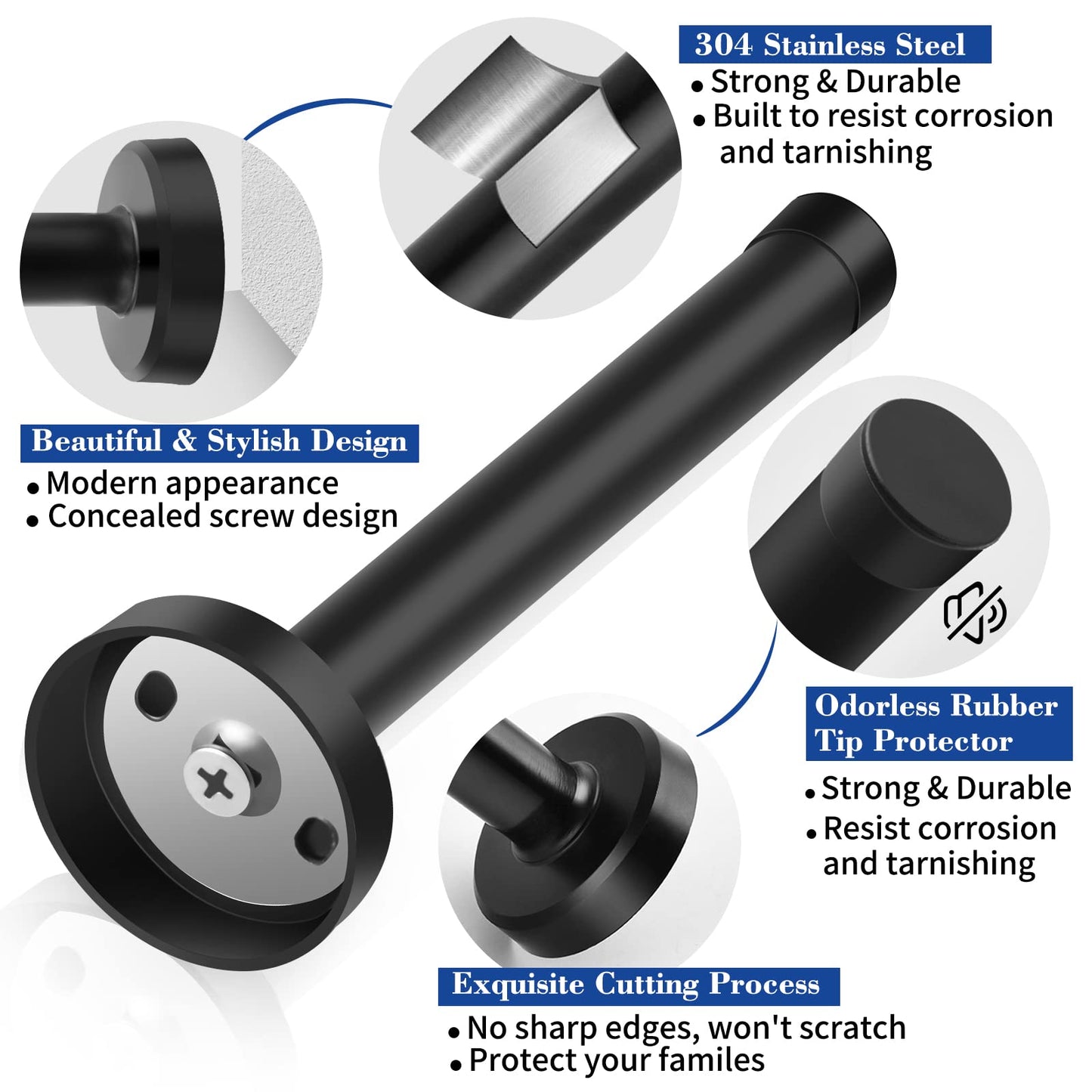 8 Inch Door Stop, Extra Long Door Stopper, Wall Mounted, Black Doorstops Extended Door Holder Protection, Stainless Steel Door Stops Bumper Rubber Tips Sound Dampening