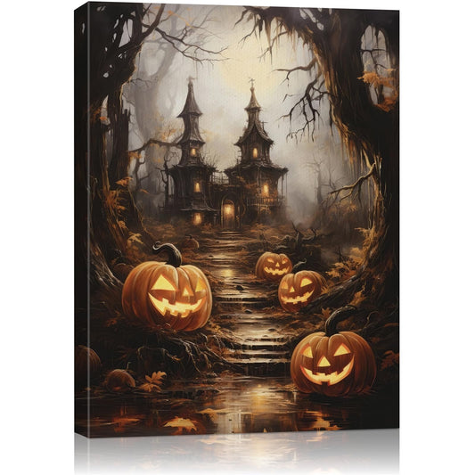 AbcCustomize Halloween Canvas Wall Art - Spooky Haunted House & Eerie Pumpkins Poster, Gothic Fall Decorations for Home, Vintage Halloween Decor Indoor for Living Room, Bedroom & Party