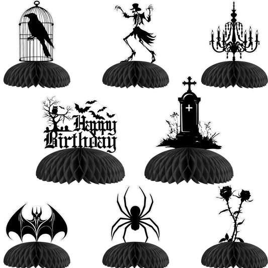 Cheereveal 8Pcs Black Gothic Birthday Honeycomb Centerpieces, Goth Table Decorations, Death to My 20s 30s Decorations, Halloween Gothic Funeral Bat Theme 20th 30th 40th Birthday Party Supplies