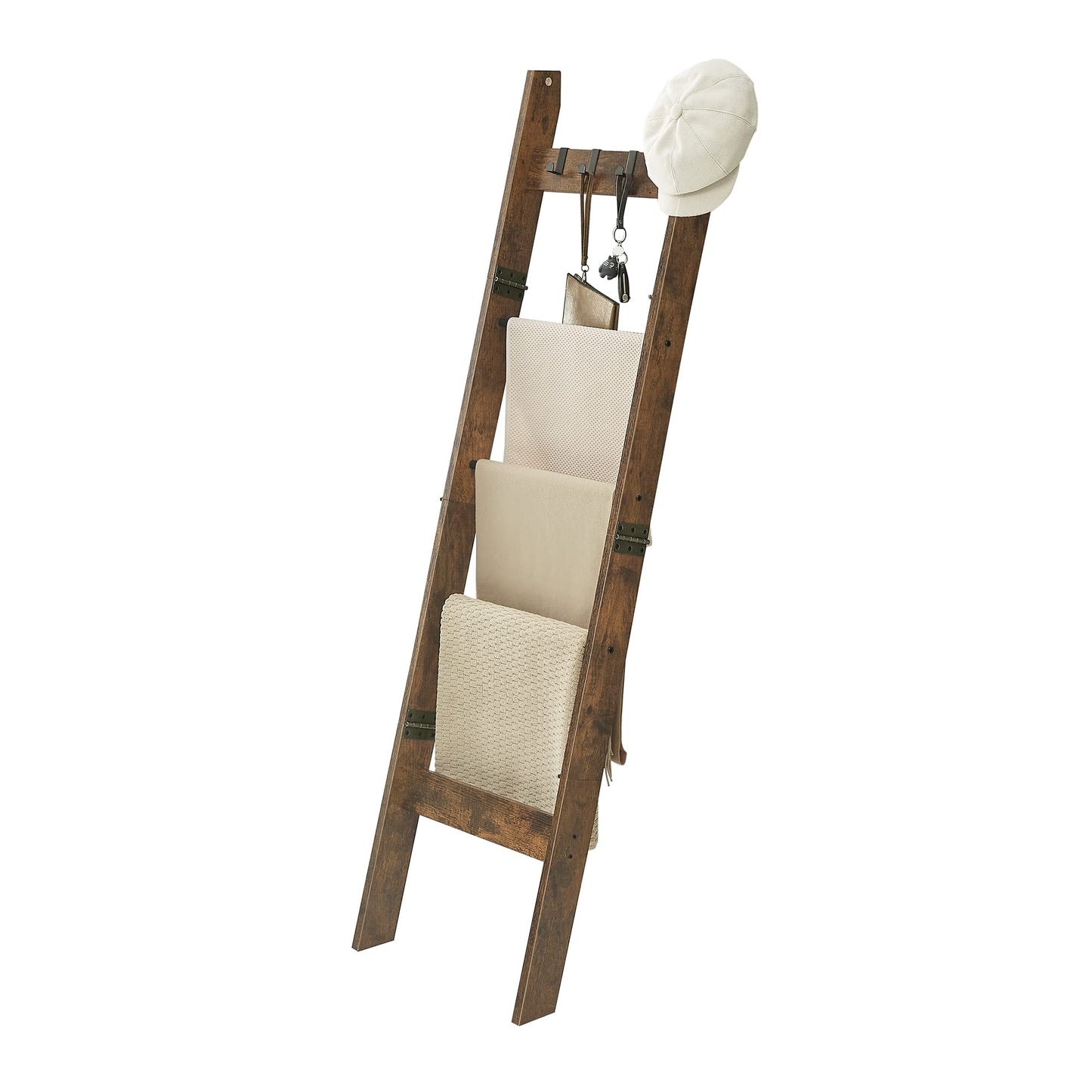 Hzuaneri Blanket Ladder for Living Room, Decorative Quilt Rack with 4 Removable Hooks, 5-Tier Farmhouse Ladder Holder Shelf Organizer for Bedroom, Rustic Brown and Black 02101BBR