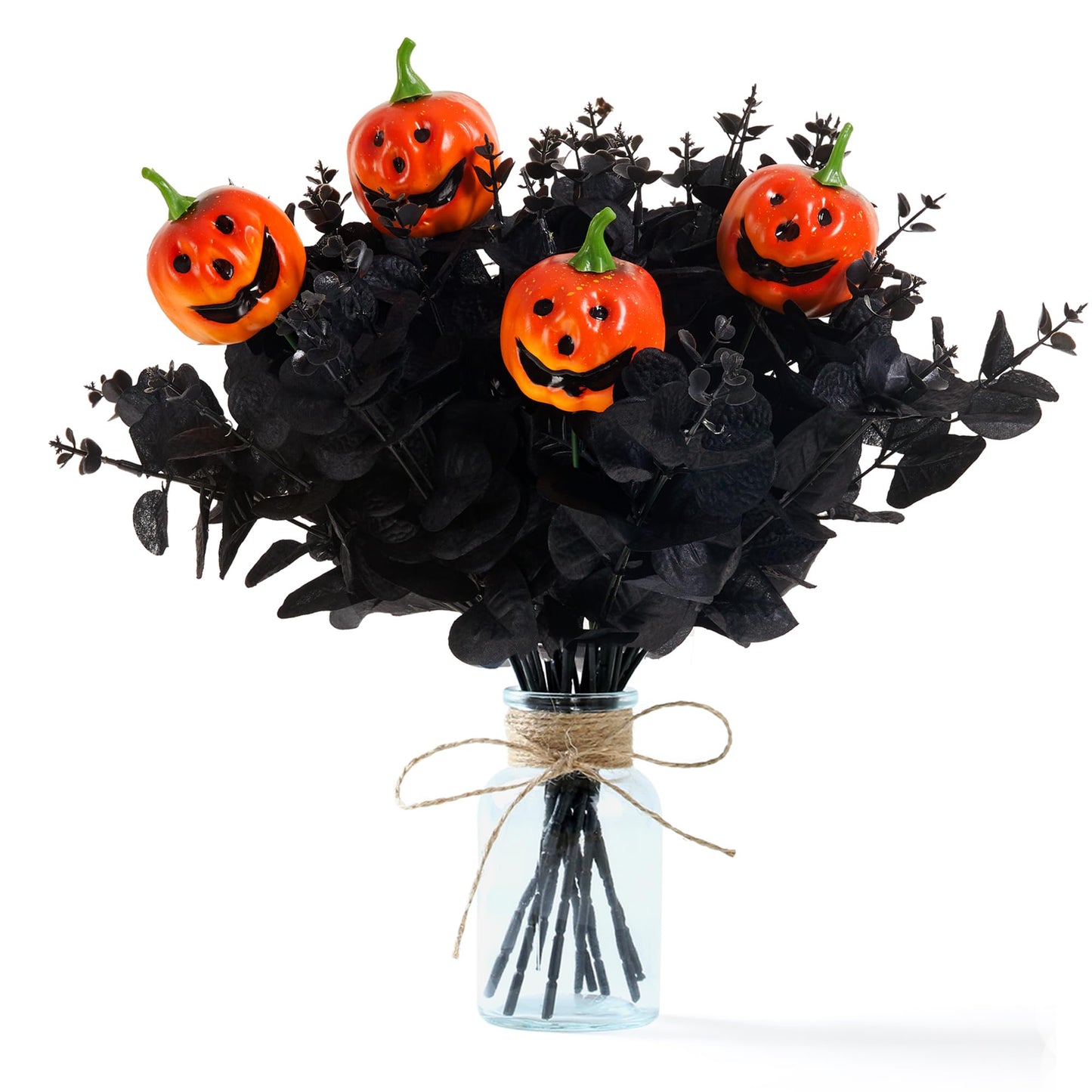 SITUMEIZI 14PCS Black Halloween Flowers Pumpkin Decorations Indoor Black Artificial Flower Fake Eucalyptus Branches Stems Halloween Table Centerpieces Decor
