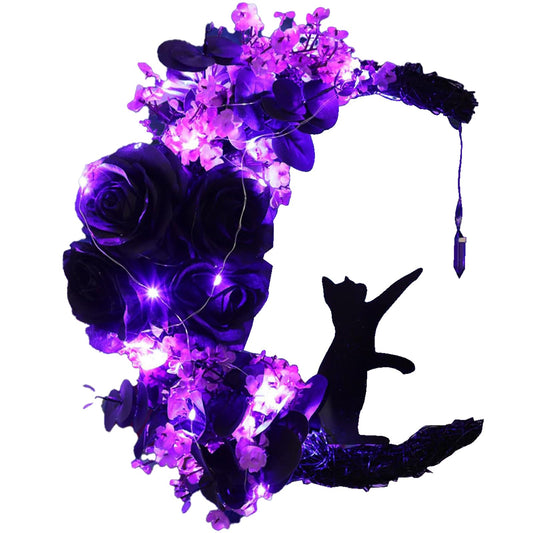 Halloween Wreaths with Light for Front Door - Gothic Cat Moon Lighted Wreaths with Greenery Wildflower for Porch Wall Farmhouse Indoor Outdoor Decor 11.8 * 11 Inch (Purple (16 inch)