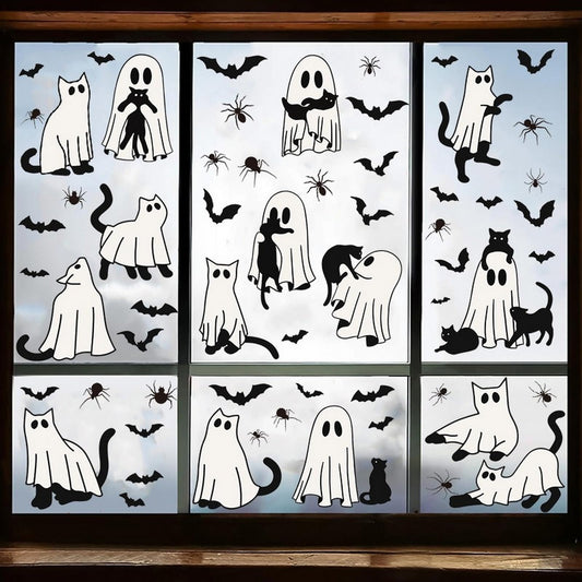 Halloween Ghost Window Clings for Glass 6 Sheets Cute Window Decals Spooky Window Stickers Cat Spider Reusable Windows Cling for Halloween Fall Party Home School Office Glass Supplies Decorations