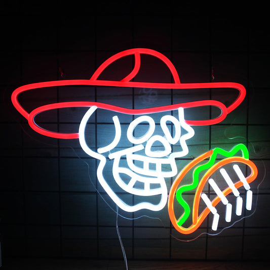 Tacos Skull Neon Sign for Man Room Decor Funny Mexican Tacos Led Light Up Sign for Wall Decor Corn Skeleton Neon Signs for Boys led sign for Party Bar Club Restaurant Man Cave Wall Art Birthday Gift