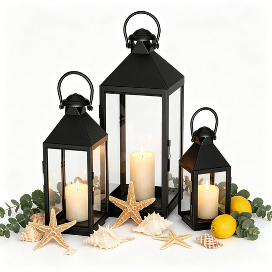SIMHOMSTOR Decorative Metal Candle Lanterns Set, Hanging & Tabletop Hurricane Lanterns Holders for Patio, Porch, Garden, Wedding, Party Decor, Indoor/Outdoor Use, Pinnacle Black