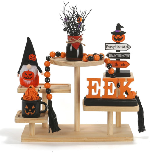 Halloween Decorations 6PCS Tiered Tray Decor, Cute Tabletop Halloween Decor for Home Indoor Tray Shelf Mantel Office Table Centerpieces Farmhouse Rustic Spooky Wood Signs