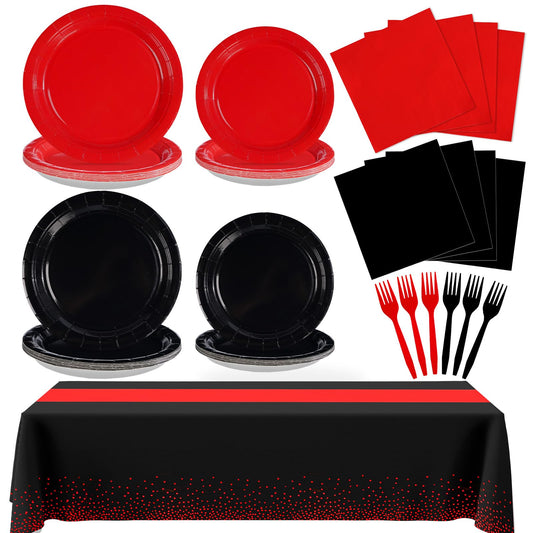 98 Pcs Red and Black Party Supplies Graduation Black and Red Paper Plates Napkins Forks Tablecloths Stranger Tableware Set for Congrats Grad Fiesta Holiday Birthday Wedding Party Decorations Serves 24