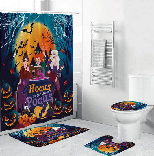 Apear1 4Pcs Halloween Shower Curtain Set Hocus Pocus Witch Shower Curtain for Halloween Bathroom Decor with Anti-Slip Waterproof Bathtub Bathroom Rugs Toilet Lid Cover, 12 Hooks (Witch)