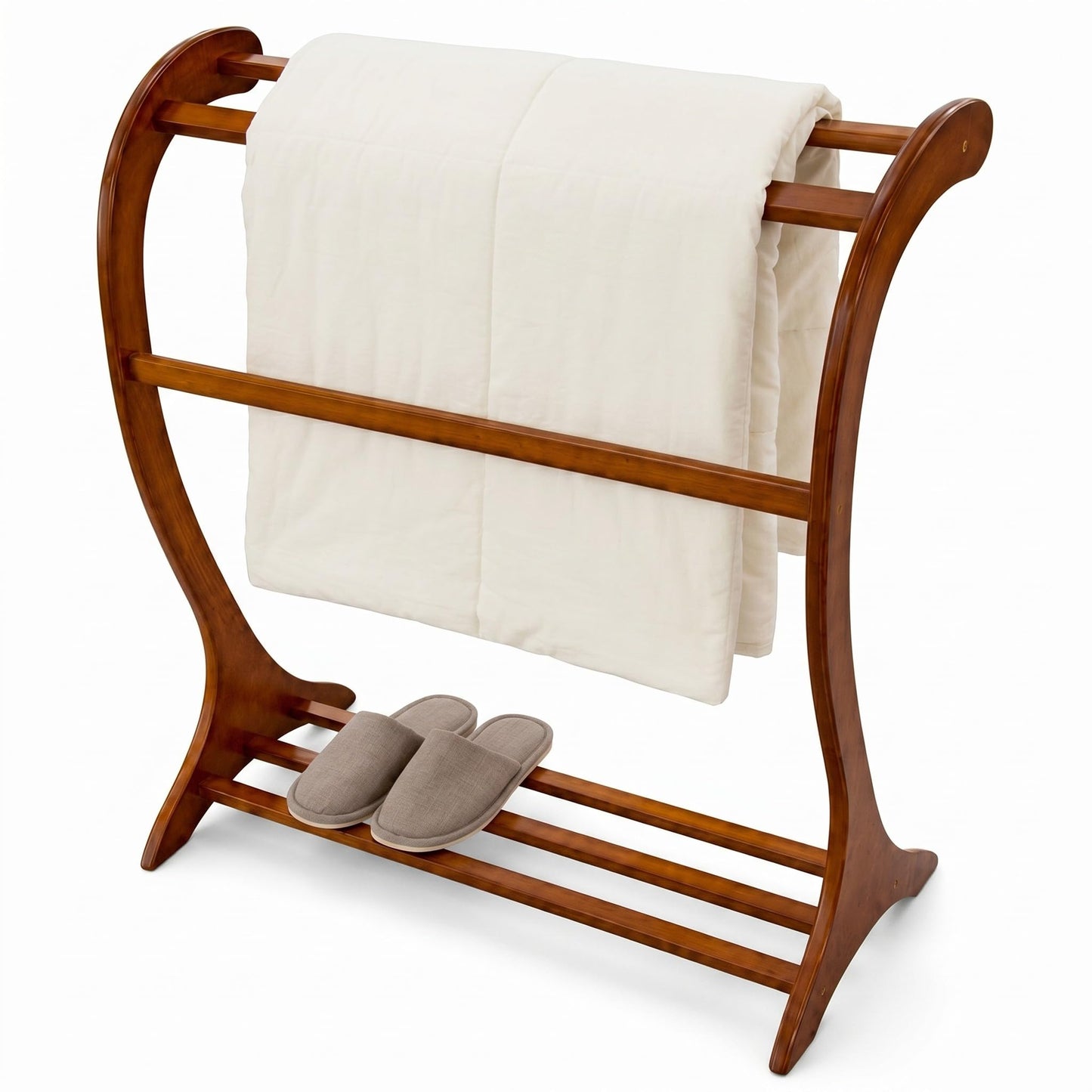 Leinuosen Wood Quilt Rack with 3 Rungs, Free Standing Blanket Holder for Living Room Bedroom Bathroom, 16.69" D x 30" W x 36" H, Retro Curved Ladder Design, Solid Wood, Antique Walnut Finish