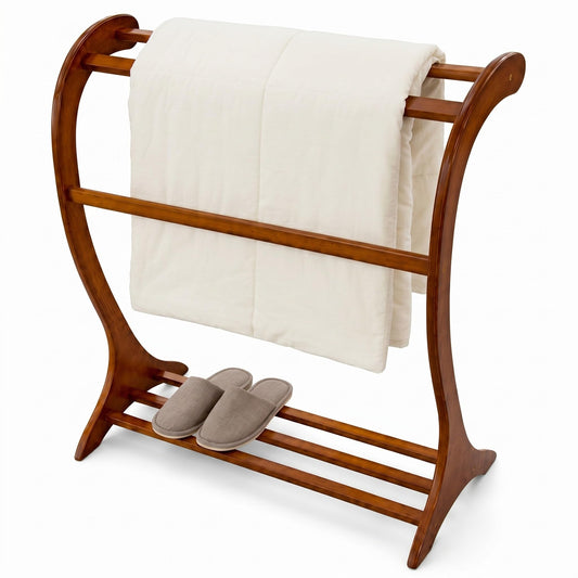 Leinuosen Wood Quilt Rack with 3 Rungs, Free Standing Blanket Holder for Living Room Bedroom Bathroom, 16.69" D x 30" W x 36" H, Retro Curved Ladder Design, Solid Wood, Antique Walnut Finish